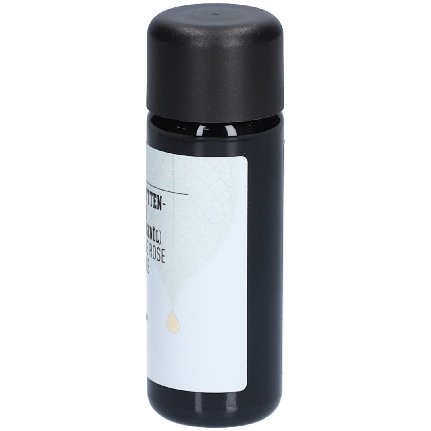 Braune Glasflasche mit schwarzem Deckel. Etikett mit Produktnamen, BIO-Siegel und Logos. Hagebuttenkernöl.