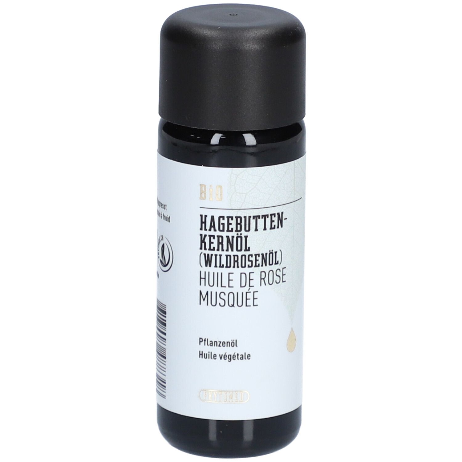 Braune Glasflasche mit schwarzem Deckel. Etikett mit Produktnamen, BIO-Siegel und Logos. Hagebuttenkernöl.