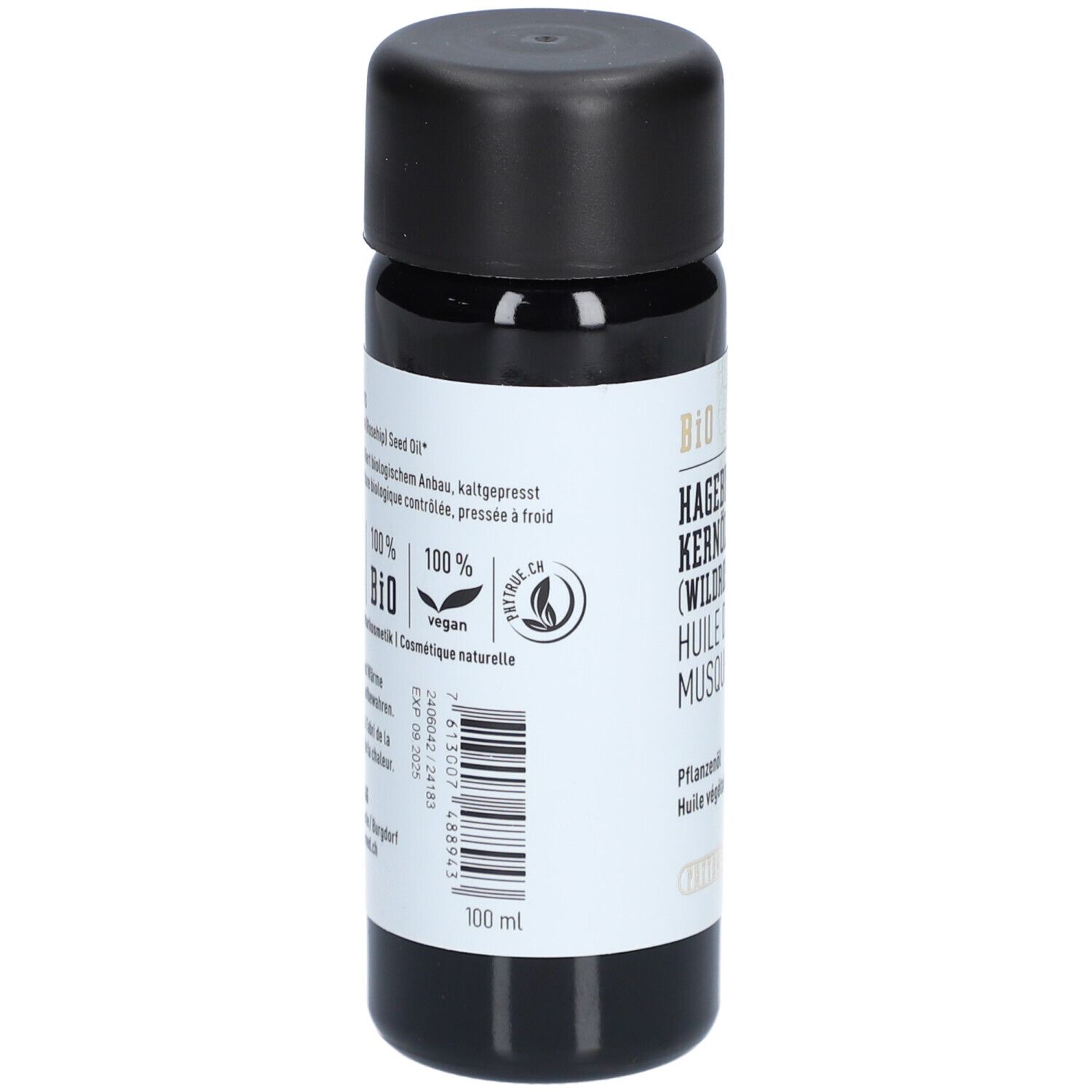 Rückseite der Bio-Hagebuttenkernöl-Flasche mit Siegeln und Barcode.