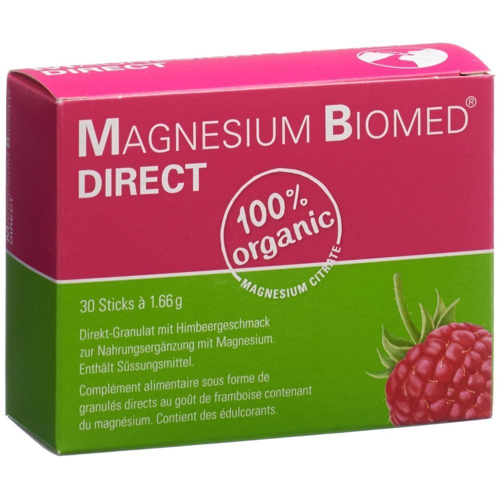 Rosa-grüne Schachtel mit "MAGNESIUM BIOMED DIRECT". 30 Sticks. 100% organic. Himbeergeschmack. Abbildung einer Himbeere.