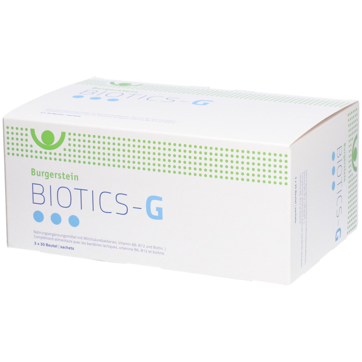 Weiße Schachtel mit BURGERSTEIN BIOTICS-G Aufschrift. Grüne und blaue Designelemente. 3 x 30 Beutel.