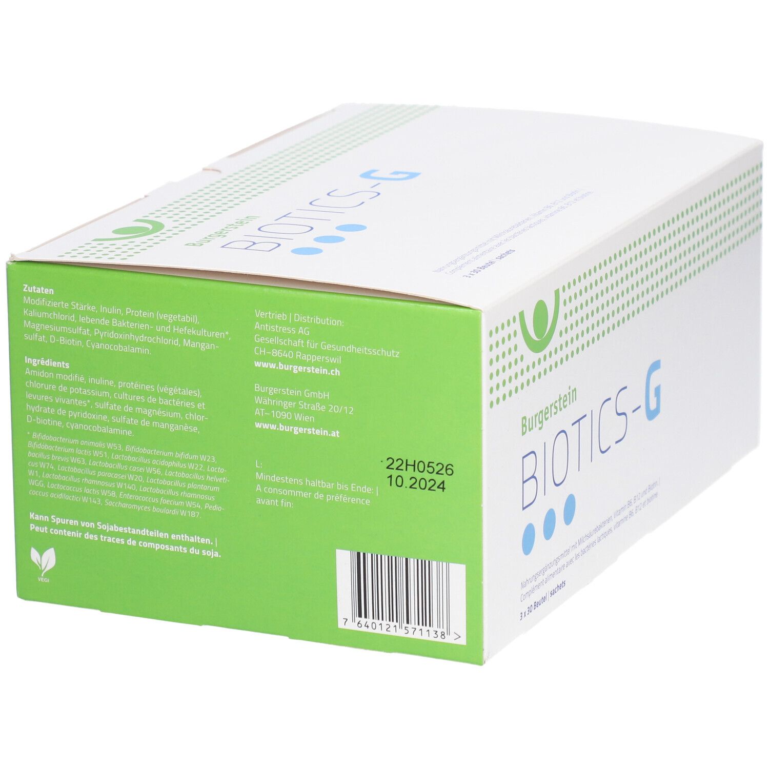 Weiße Schachtel mit BURGERSTEIN BIOTICS-G. Grüne und blaue Designelemente. Text mit Inhaltsstoffen und Verfallsdatum.
