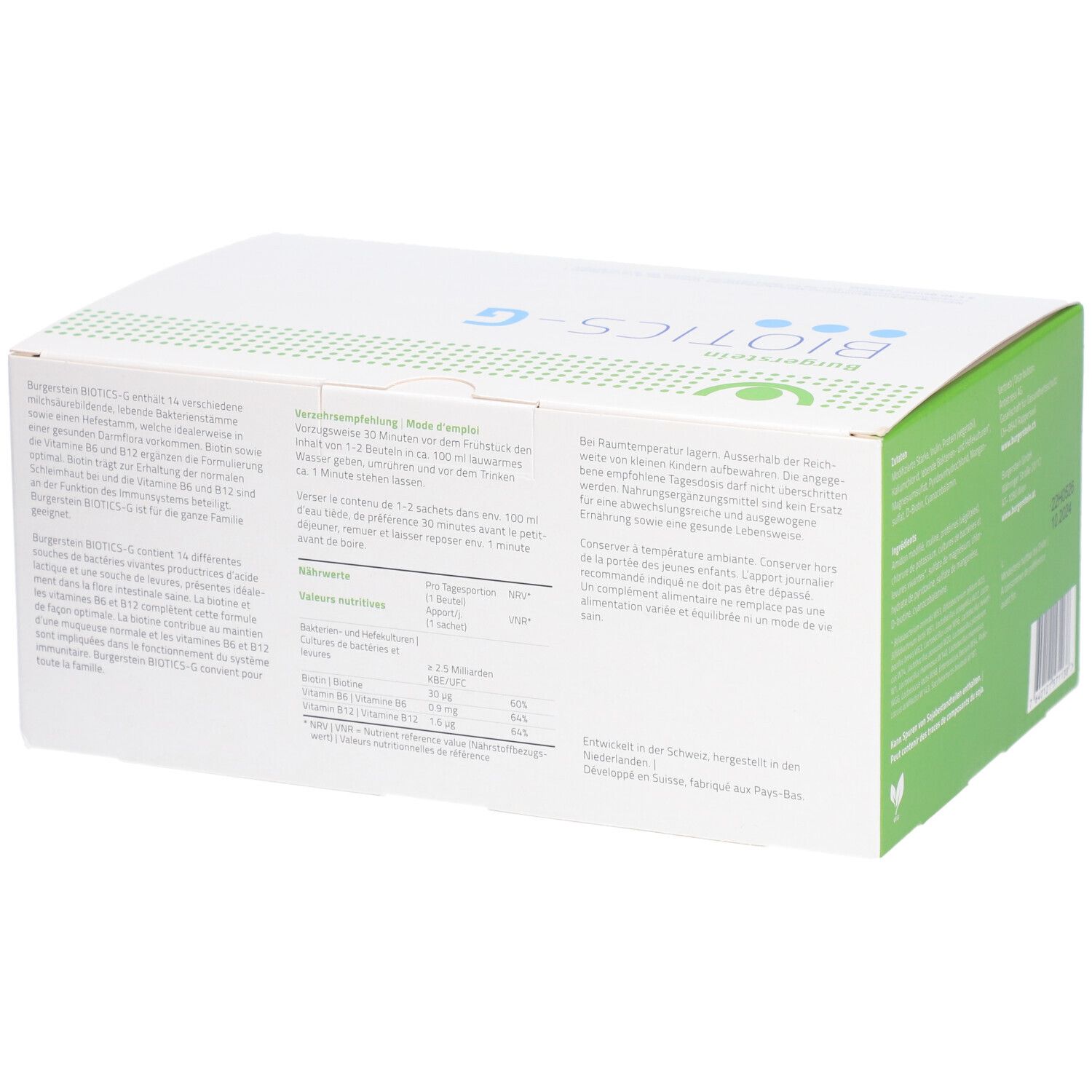 Weiße Schachtel mit BURGERSTEIN BIOTICS-G. Grüne und blaue Designelemente. Text mit Nährwertangaben und Anwendung.