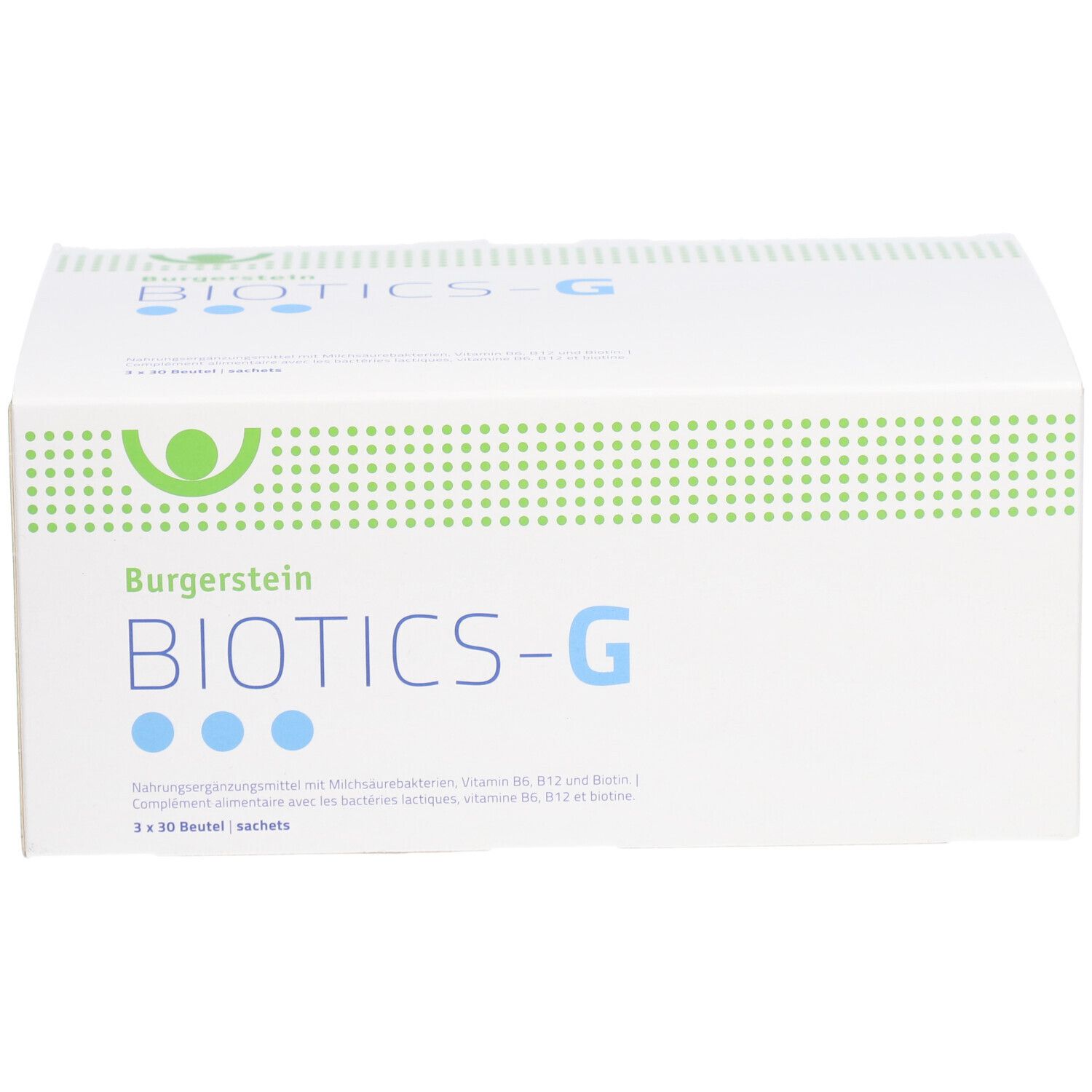 Weiße Schachtel mit BURGERSTEIN BIOTICS-G. Grüne und blaue Designelemente. 3 x 30 Beutel. Frontansicht.