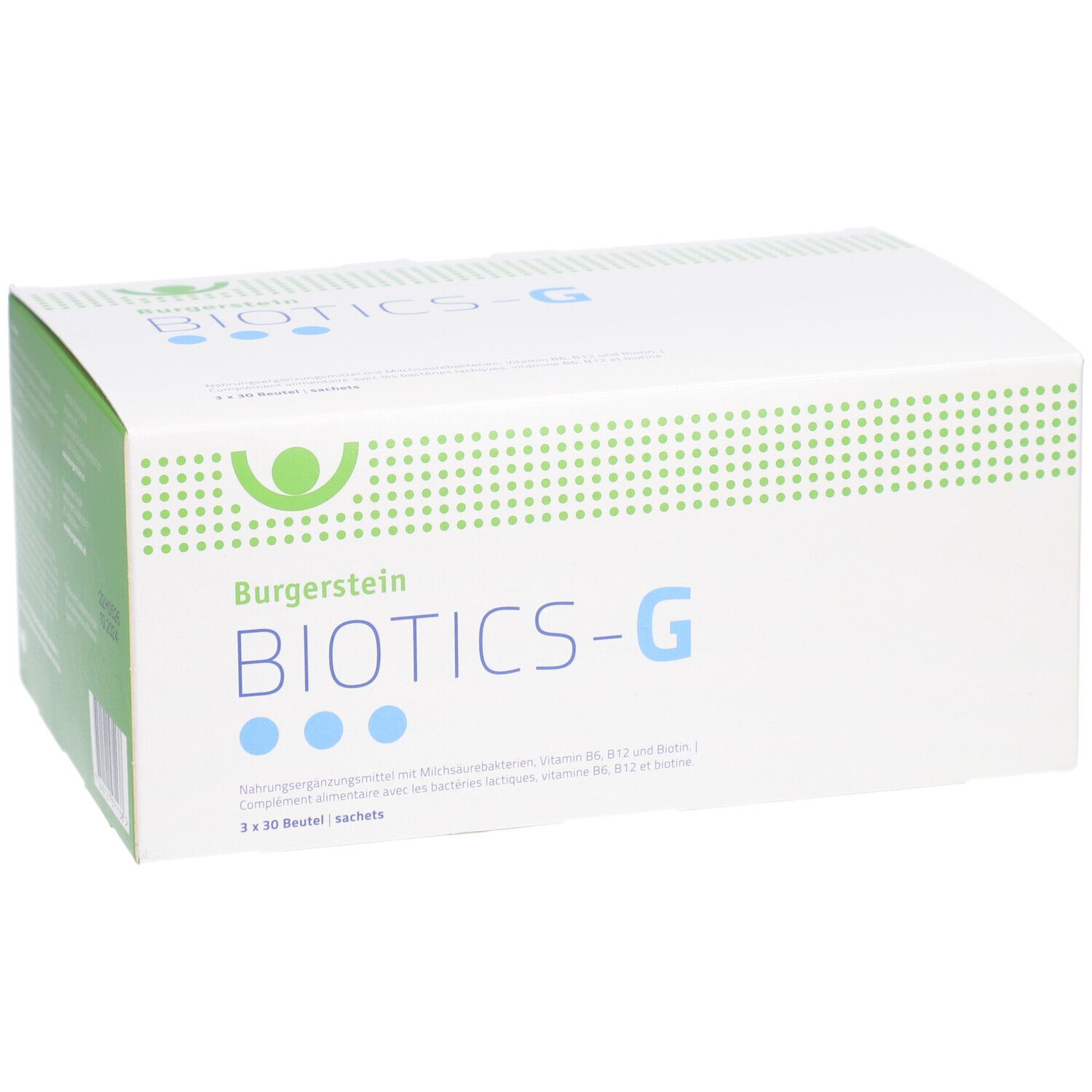 Weiße Schachtel mit BURGERSTEIN BIOTICS-G. Grüne und blaue Designelemente. 3 x 30 Beutel. Nahaufnahme.
