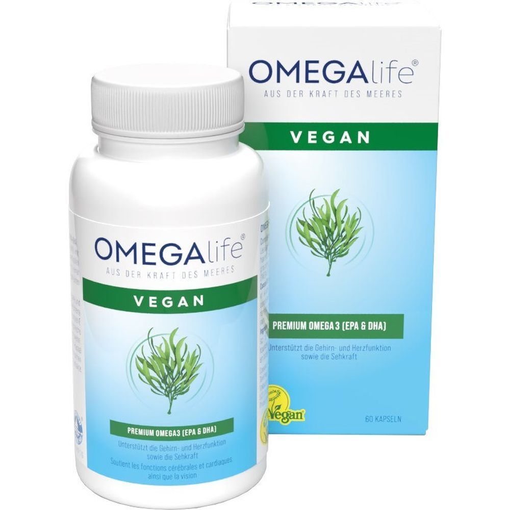 Flacon blanc et boîte. Inscription: OMEGA-LIFE Vegan, Premium Omega3 (EPA & DHA). Label Vegan.
