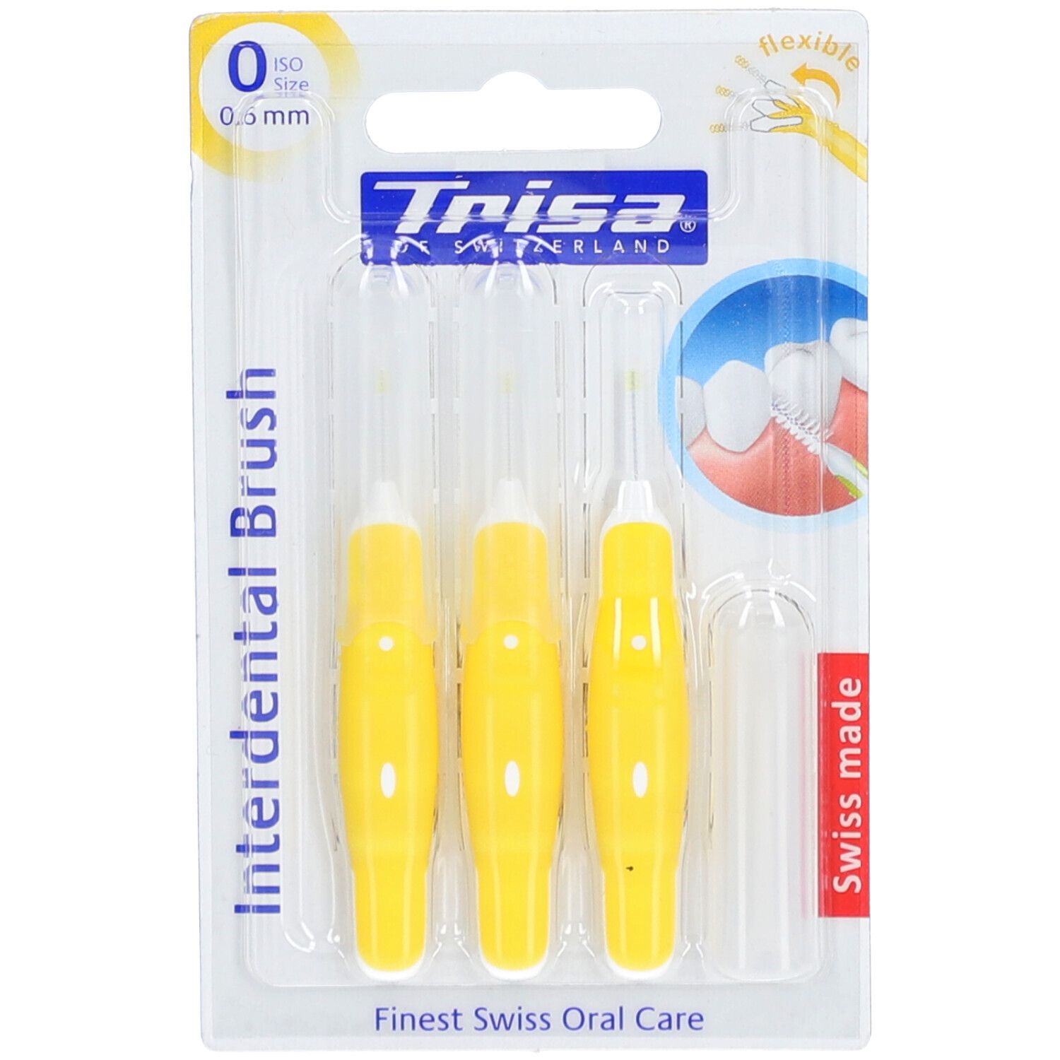 Blisterverpackung mit drei gelben Interdentalbürsten. Aufschrift: Trisa, ISO 0, 0,6 mm. "Swiss made".