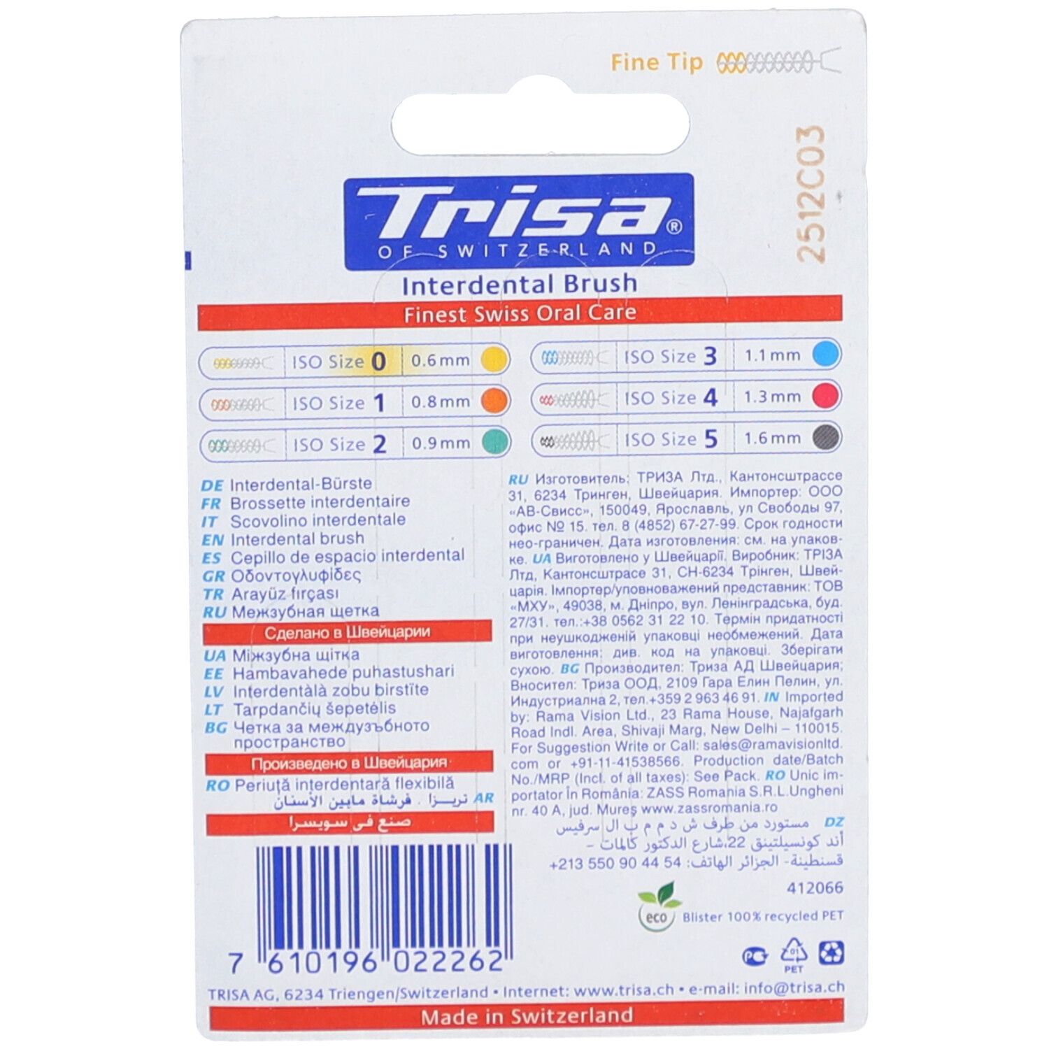 Rückseite der Verpackung mit Produktinformationen. Farbcodierung für verschiedene Größen. Text: Trisa, Interdentalbürste, Swiss Oral Care.