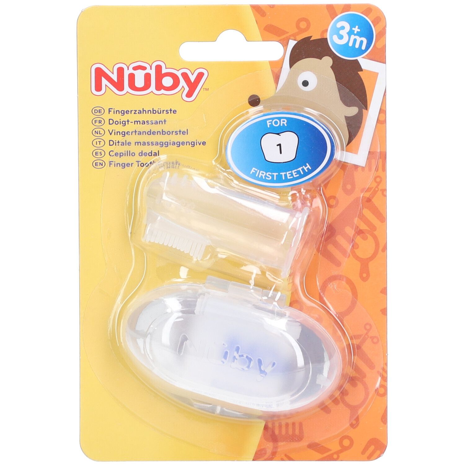 Fingerzahnbürste mit Aufbewahrungsbox in Blisterverpackung. Transparentes Silikon, hellgelbe Karte mit Produktnamen und Logo.