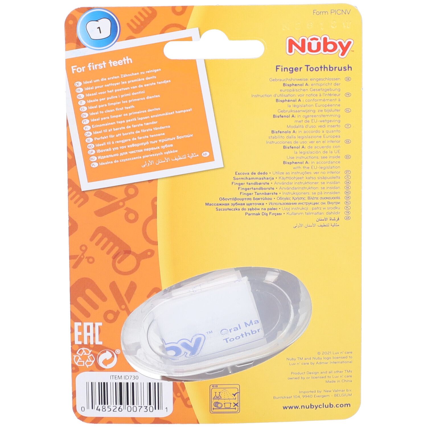 Rückseite der Fingerzahnbürste-Verpackung. Aufbewahrungsbox sichtbar, gelbe Karte mit Text und Logo. Barcode und Zertifizierungen.