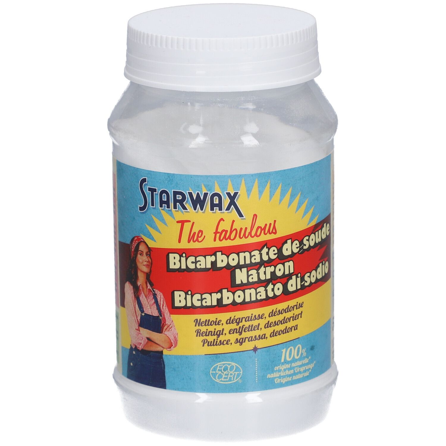 Pot transparent avec contenu blanc et couvercle blanc. Inscription : STARWAX, Bicarbonate de soude, Natron, Bicarbonato di sodio.