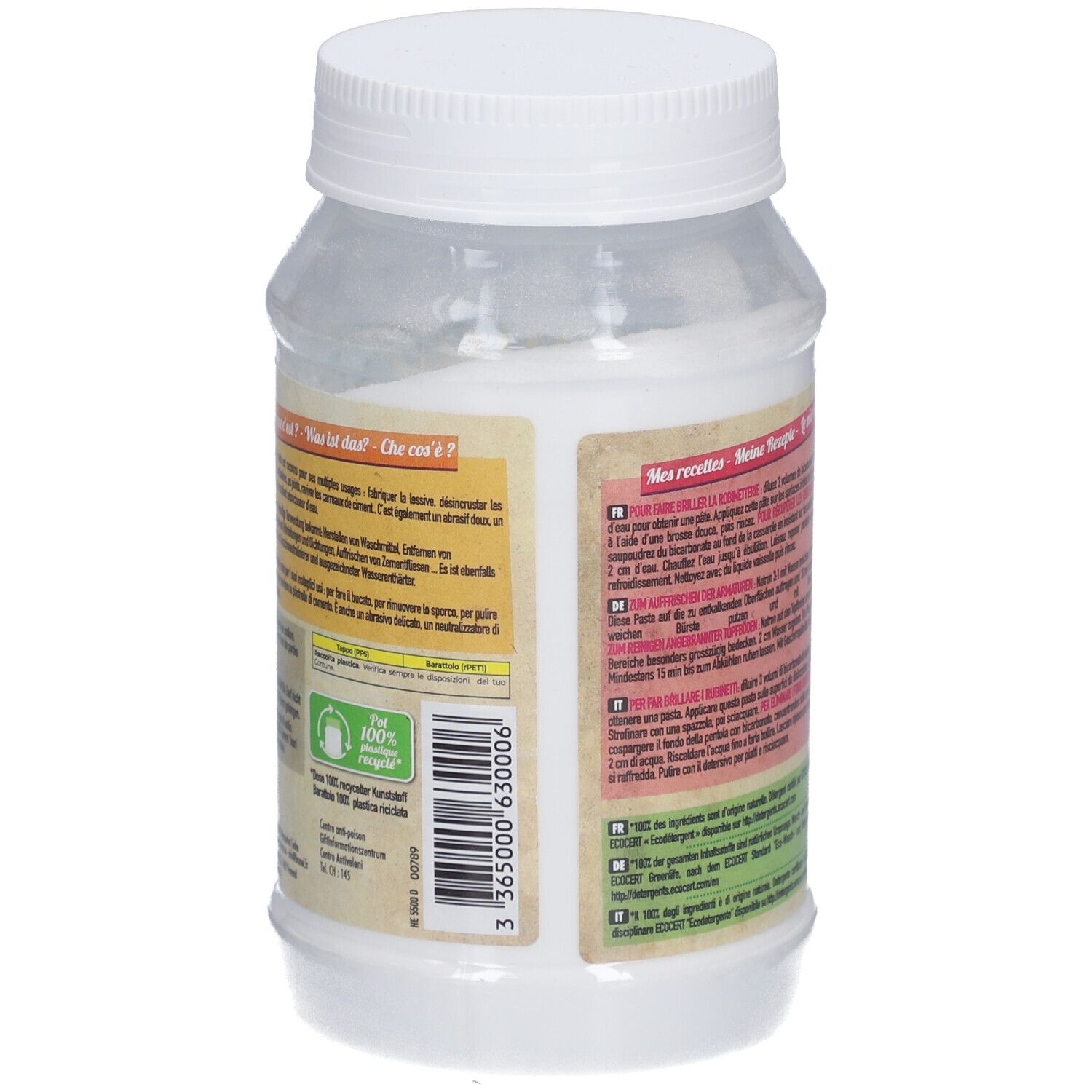 Vue arrière d'un pot transparent avec contenu blanc et couvercle blanc. Texte et logo de recyclage.