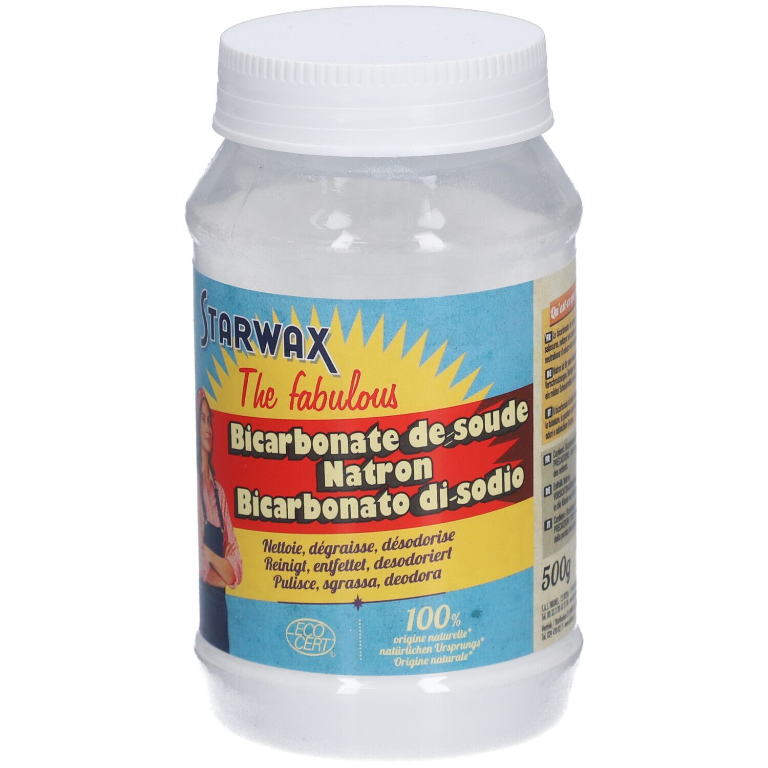 Pot transparent avec contenu blanc et couvercle blanc. Inscription : STARWAX, Bicarbonate de soude, Natron, Bicarbonato di sodio. 500g.