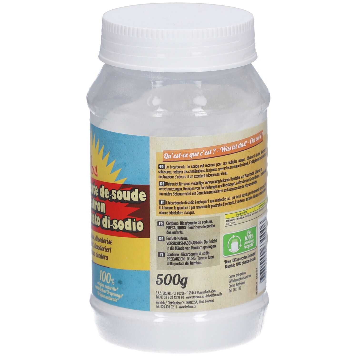 Dos d'un pot transparent avec contenu blanc et couvercle blanc. Texte et 500g. Logo de recyclage.