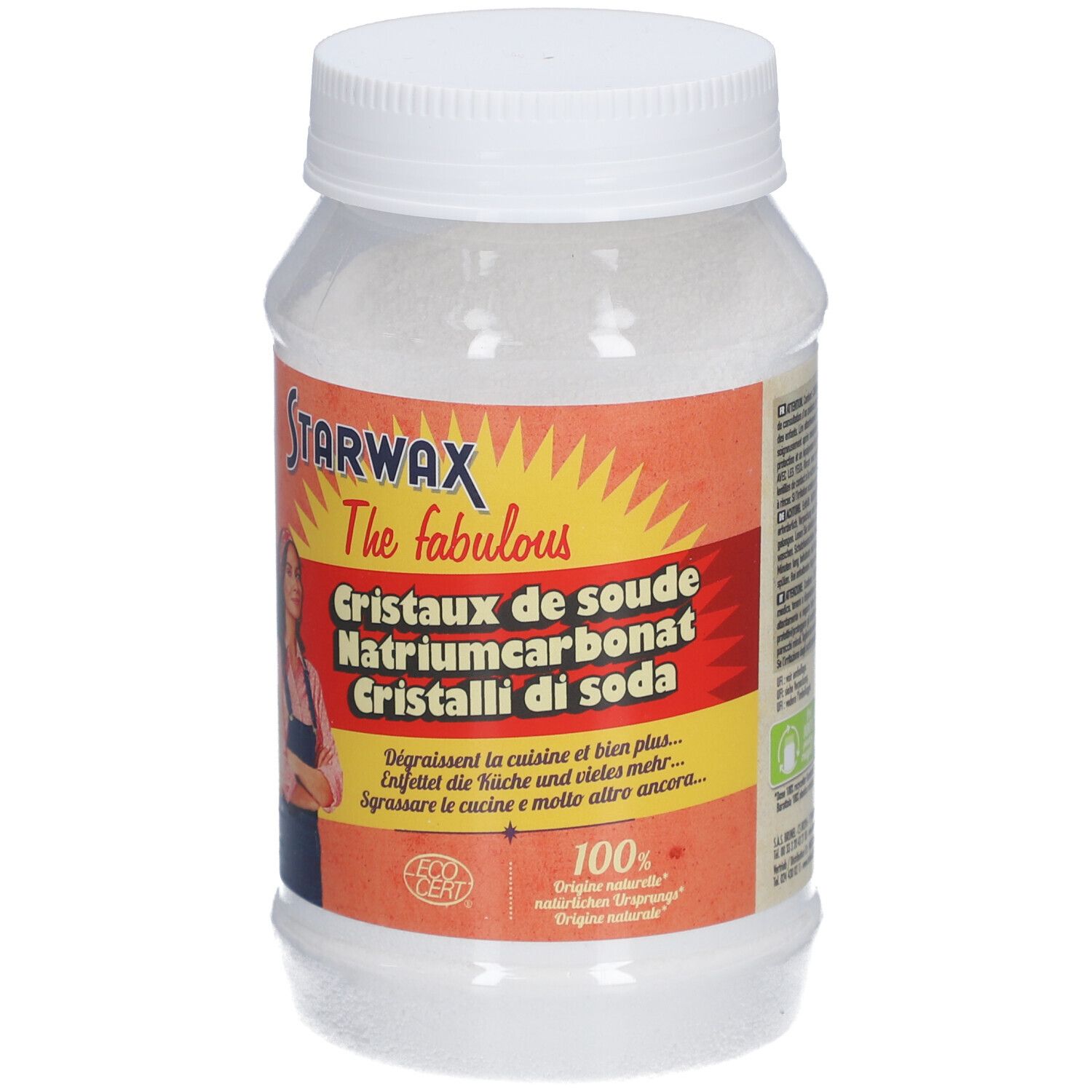 Poudre blanche dans un récipient transparent avec couvercle blanc. Étiquette avec nom du produit et femme.