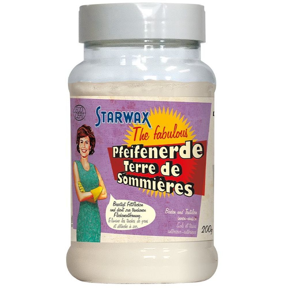 Behälter mit STARWAX The fabulous Pfeifenerde. Lila Etikett mit Frau, gelbem Stern, Text. 200g.