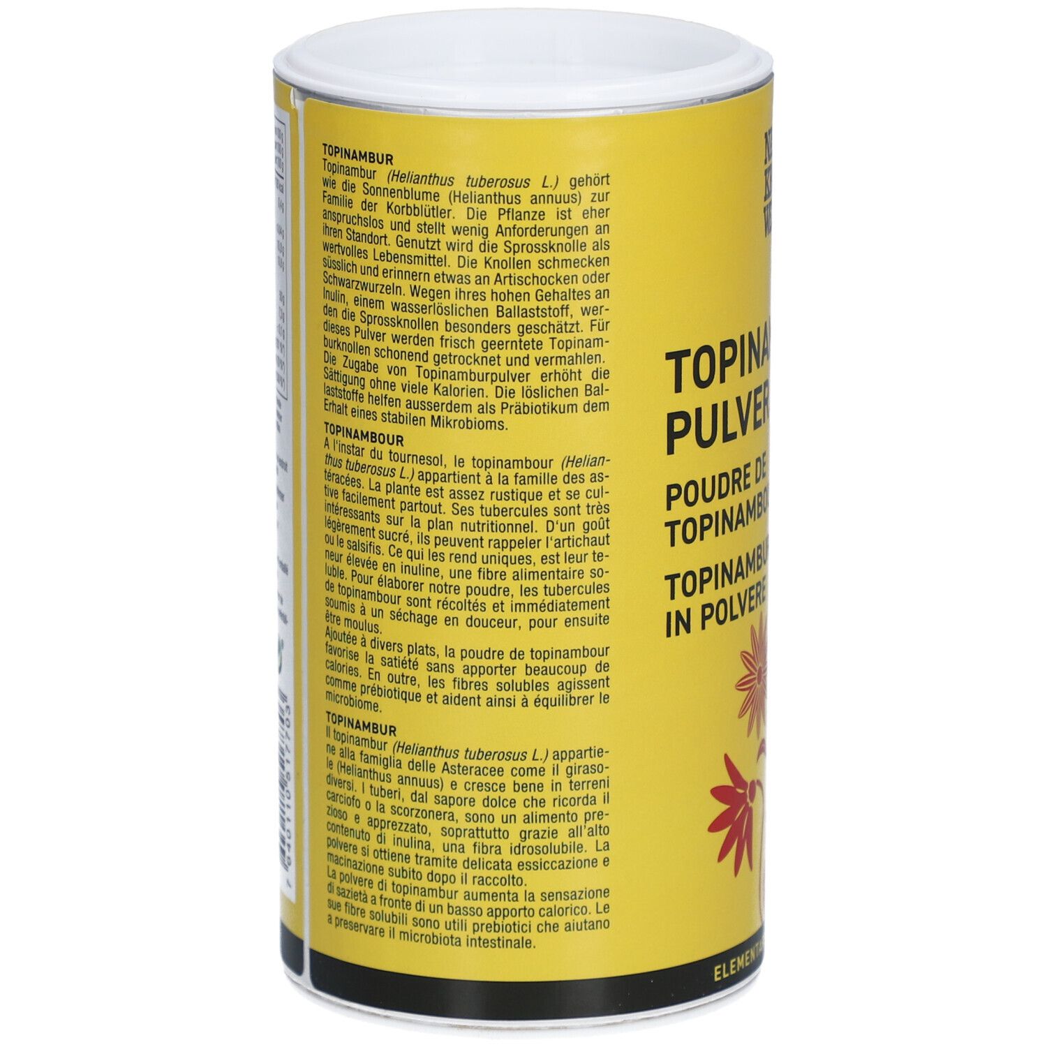 Gelbe Dose mit Text. Beschreibung von Topinambur. Text in Deutsch, Französisch und Italienisch. Rückseite der Dose.