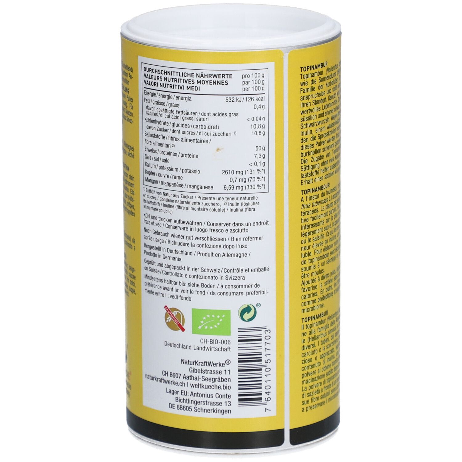 Gelbe Dose mit Nährwertangaben. Angaben pro 100g. Text in Deutsch. Bio-Siegel sichtbar. Rückseite der Dose.