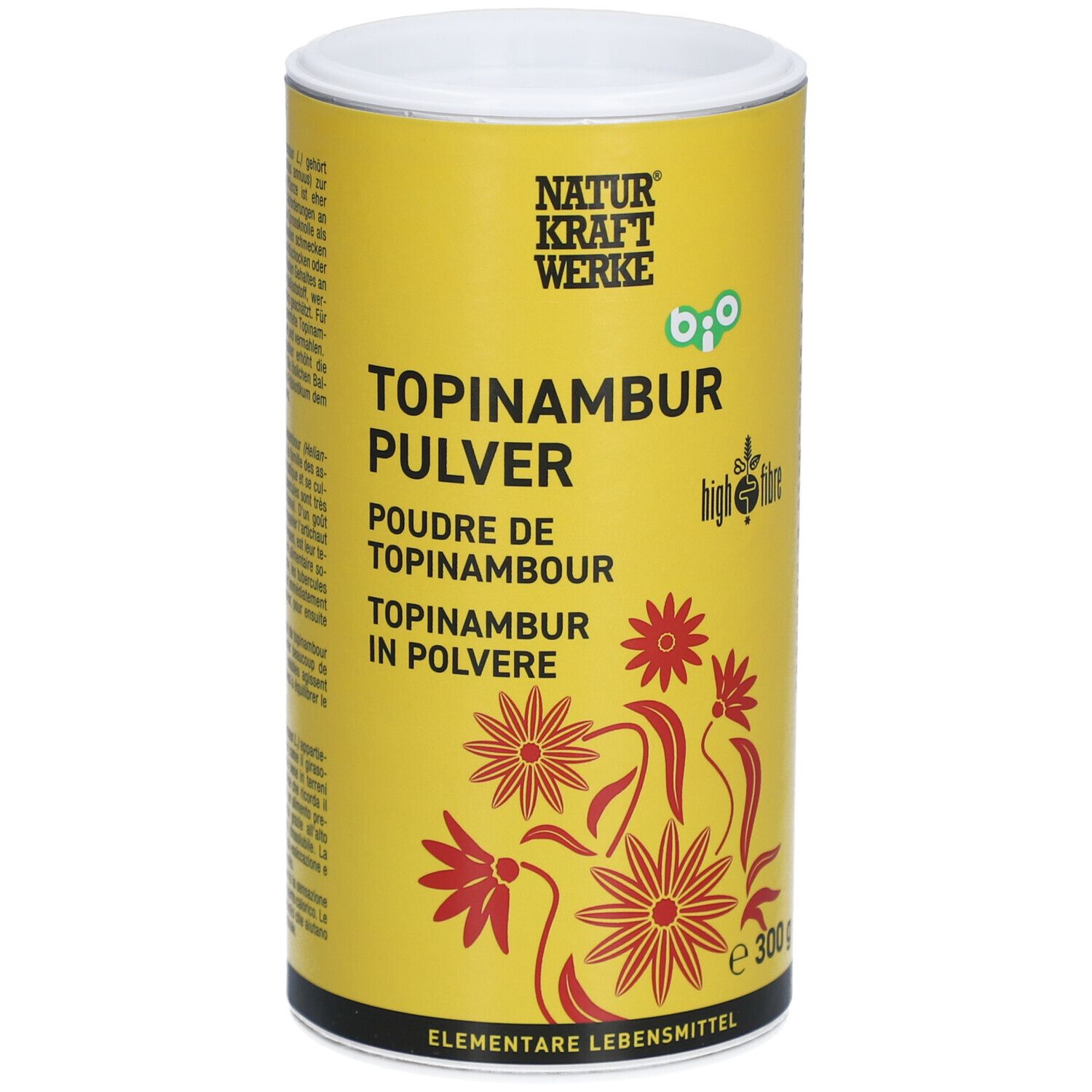 Gelbe Dose mit "NATURKRAFTWERKE Bio-Topinambur-Pulver". Rote Blumenmuster. "high fibre" und "e 300 g" sichtbar.