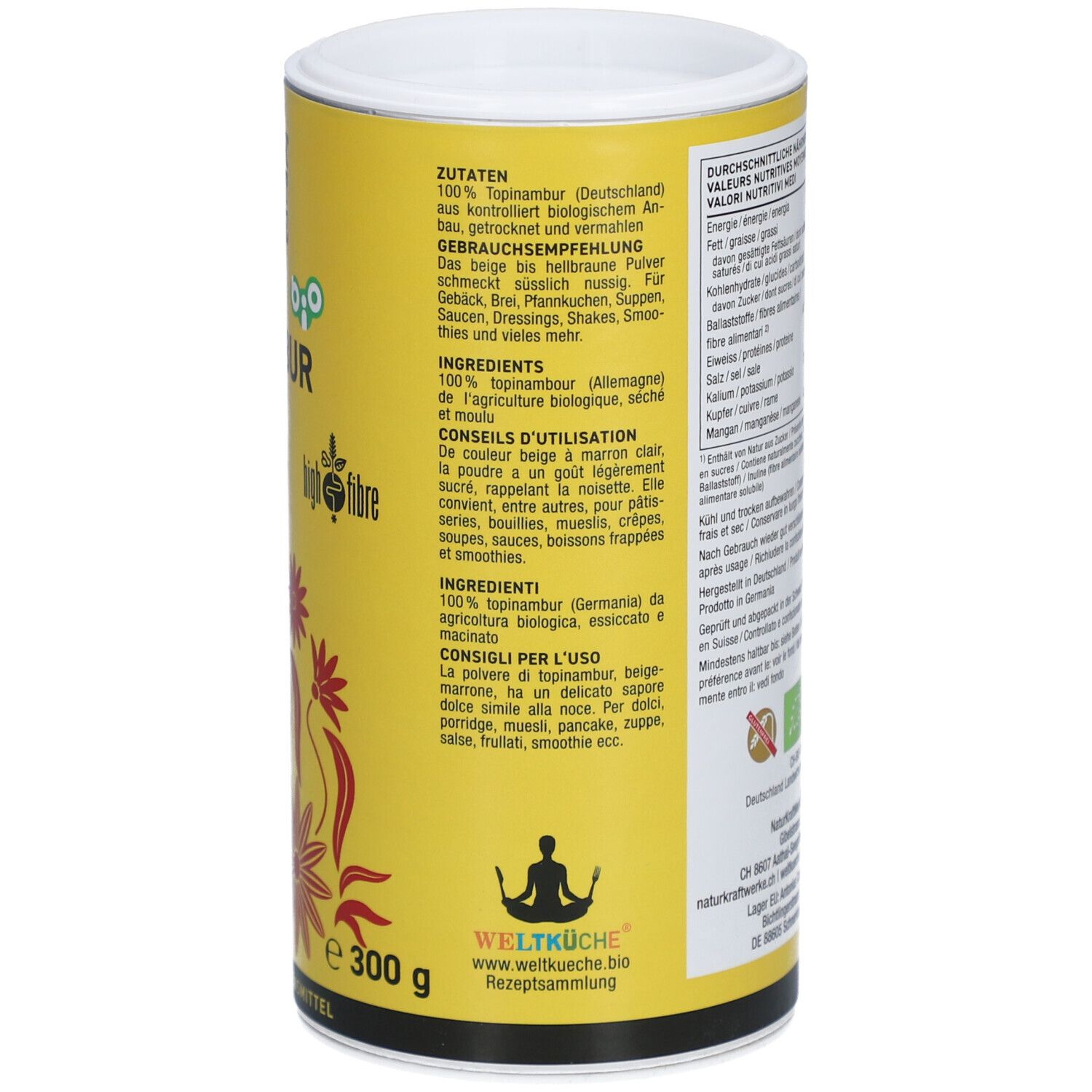 Gelbe Dose mit Zutaten und Gebrauchsanweisung. Text in Deutsch, Französisch und Italienisch. Bio-Siegel sichtbar. Rückseite.