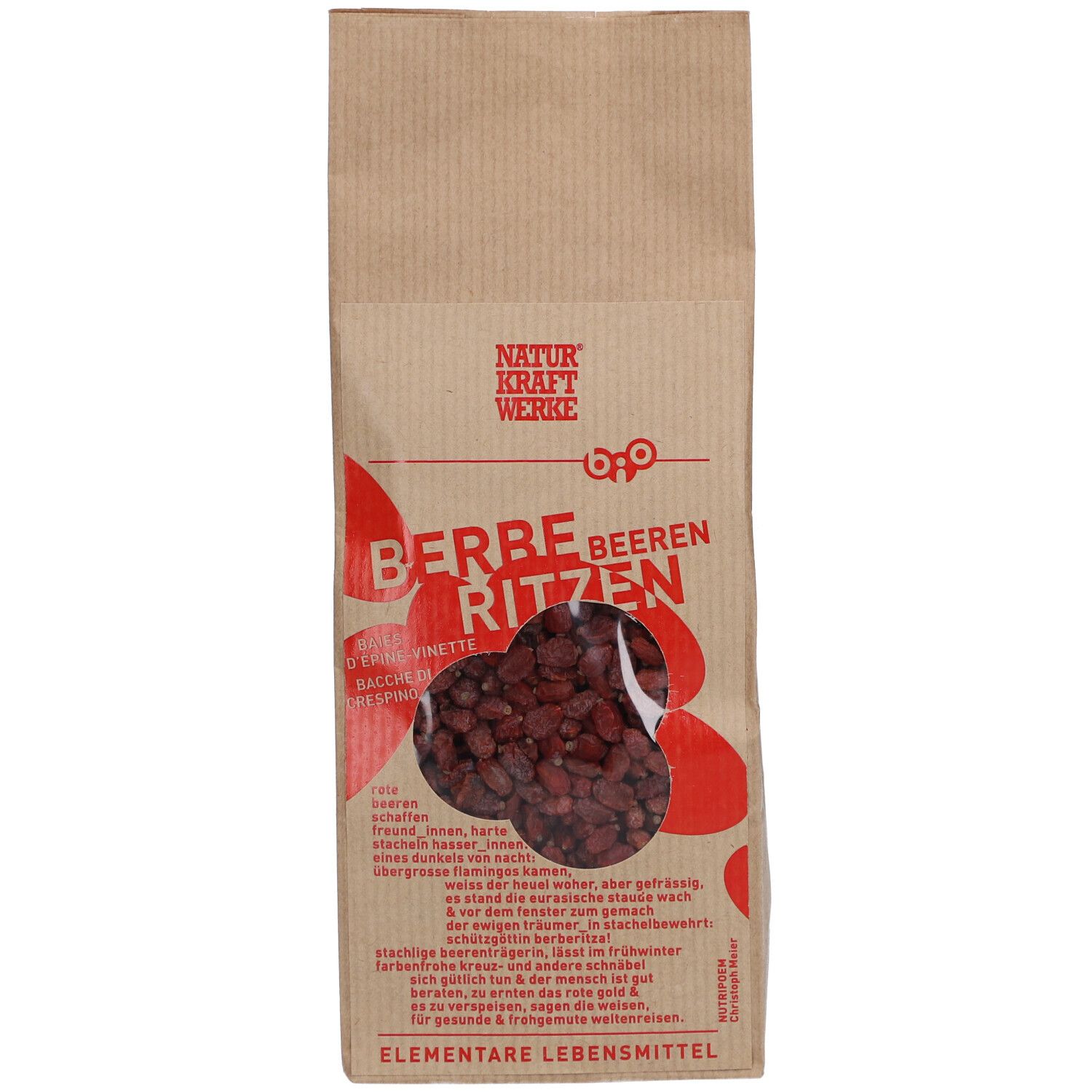 Beutel mit Berberitzen. Sichtfenster zeigt rote Beeren. Naturkraftwerke Logo und Produktname in roter Schrift.