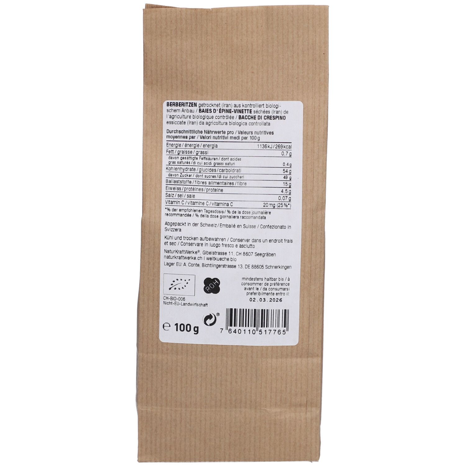 Rückseite des Beutels mit Nährwertangaben und Bio-Siegel. Text in Deutsch, Französisch und Italienisch. 100g.