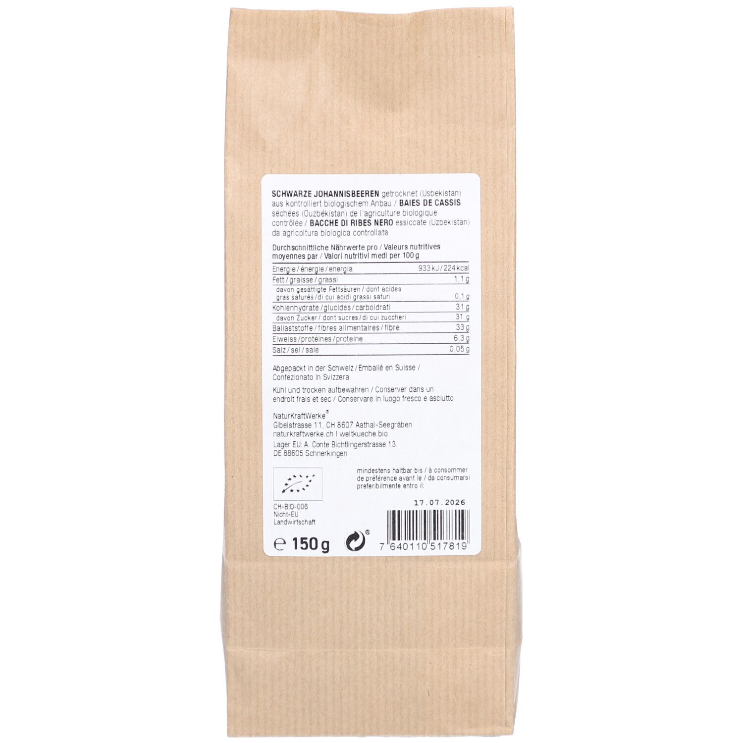 Dos du sachet en papier avec texte et informations nutritionnelles. Label bio.