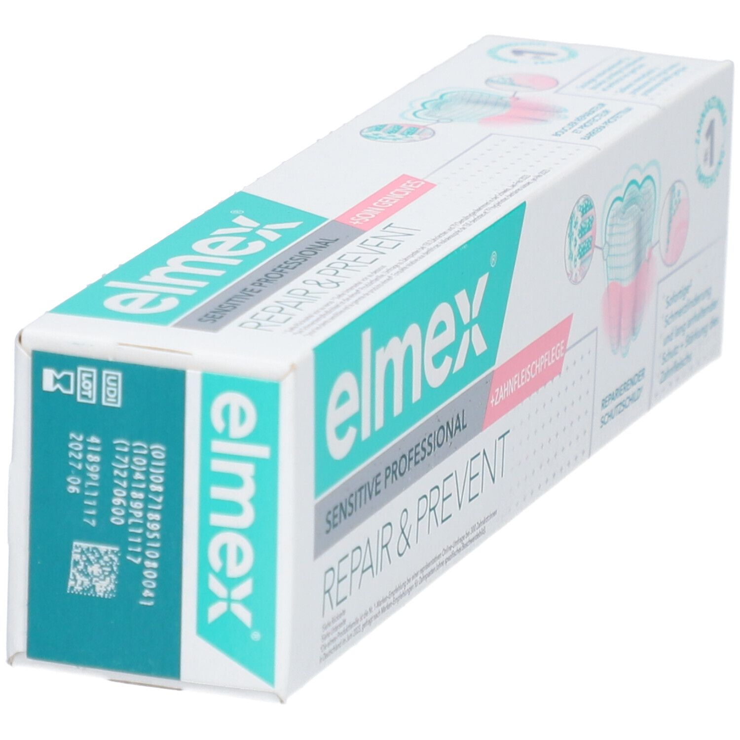 Emballage de dentifrice en biais. Logo "elmex Sensitive Professional Repair & Prevent". Design turquoise et blanc. Code et date de péremption.