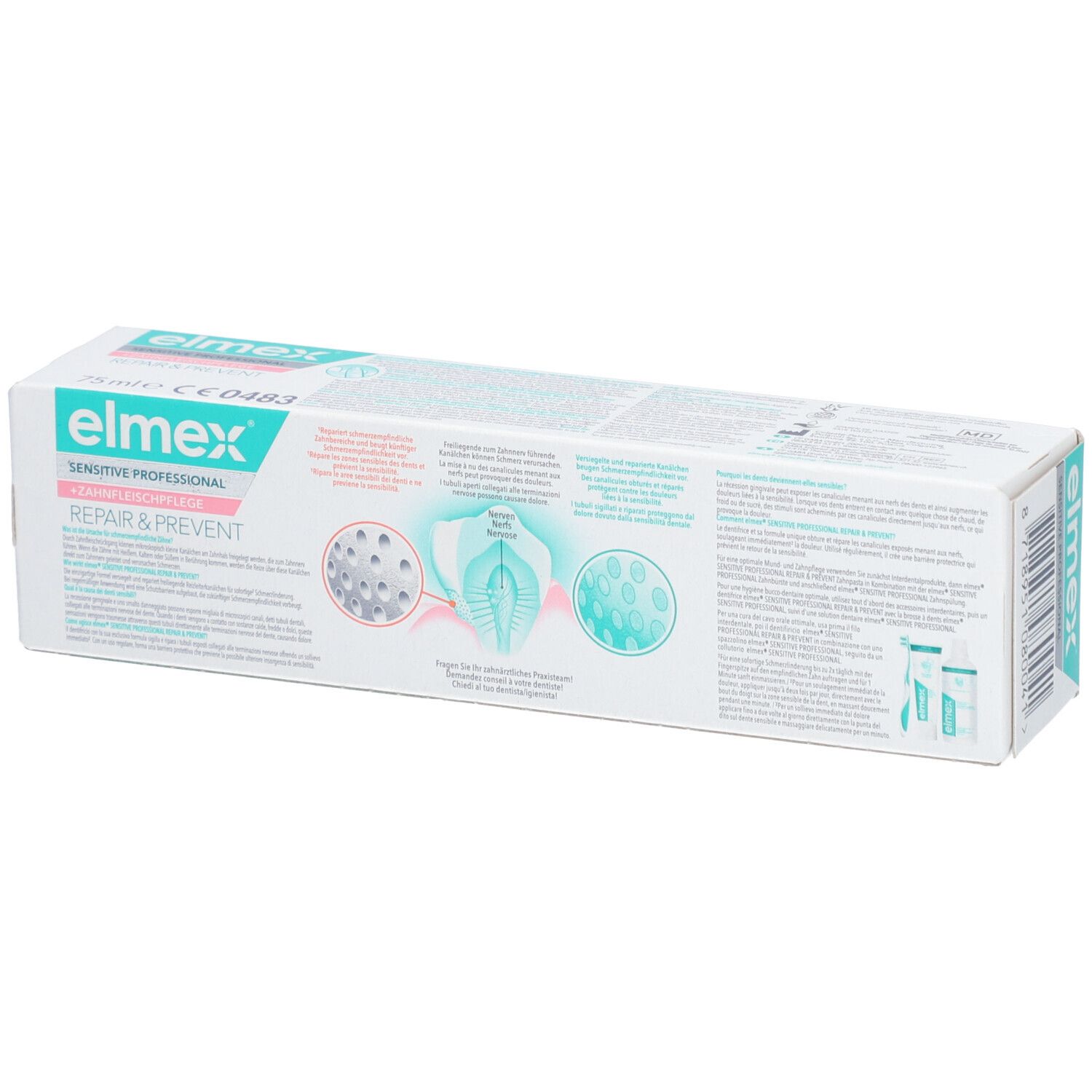 Dos de l'emballage du dentifrice. Texte et illustrations. Logo "elmex Sensitive Professional Repair & Prevent". Design turquoise et blanc.