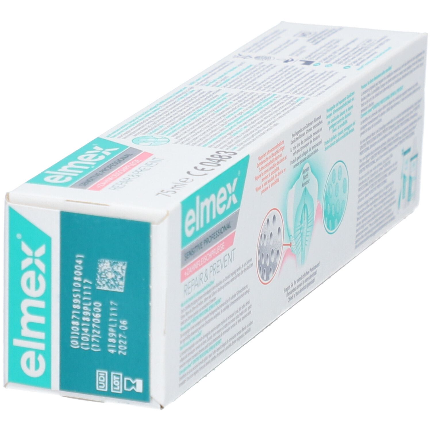 Emballage de dentifrice en biais. Logo "elmex Sensitive Professional Repair & Prevent". Design turquoise et blanc. Code et date de péremption.