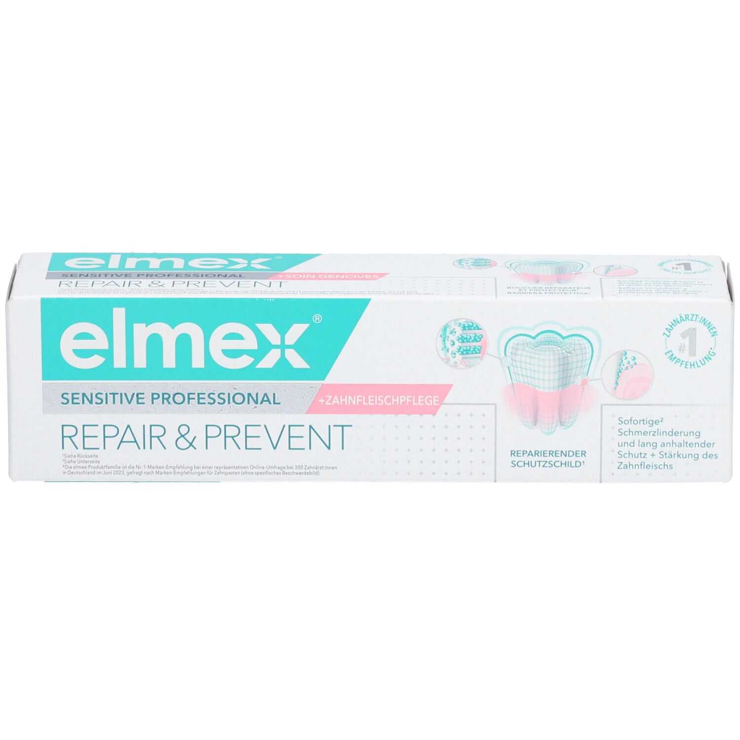 Emballage de dentifrice "elmex Sensitive Professional Repair & Prevent". Design turquoise et blanc, nom du produit clairement visible.