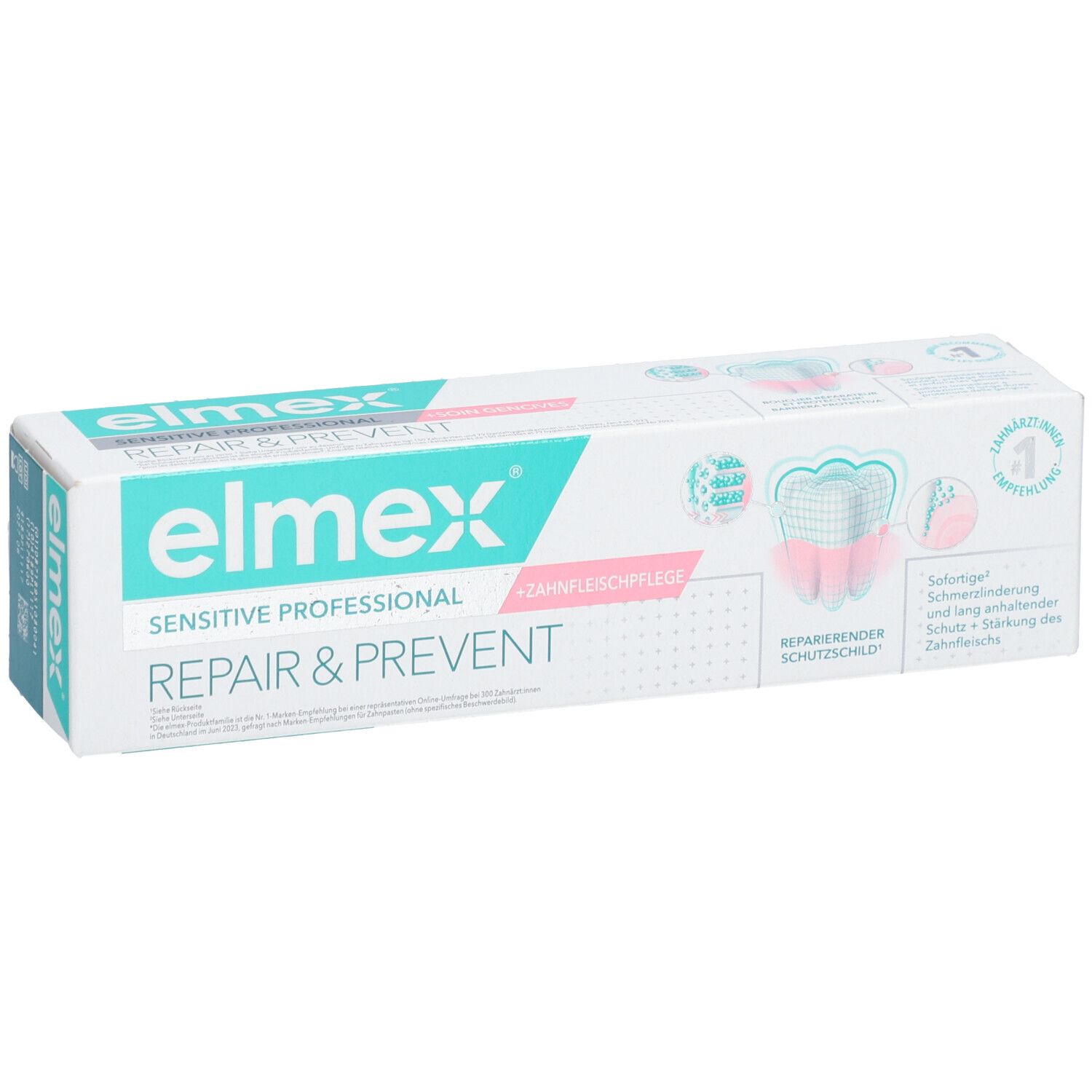 Emballage de dentifrice "elmex Sensitive Professional Repair & Prevent". Design turquoise et blanc, nom du produit clairement visible.