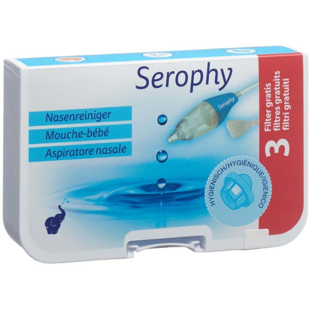Emballage de Serophy Nasenreiniger avec 3 filtres. Contient un aspirateur nasal, des filtres et le nom du produit. Emballage bleu et blanc.