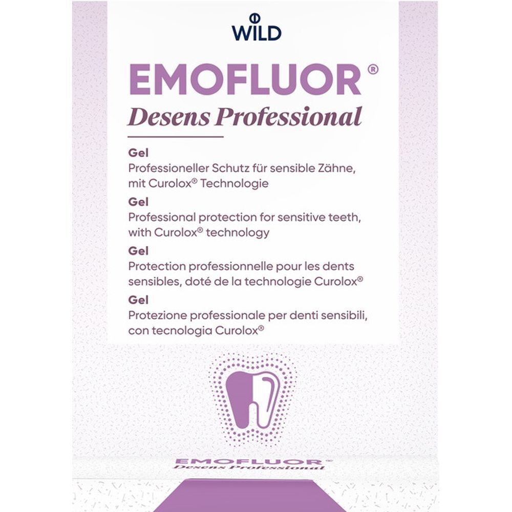 Gel EMOFLUOR® Desens Professional. Présentoir blanc avec informations et logo. Accents violets.