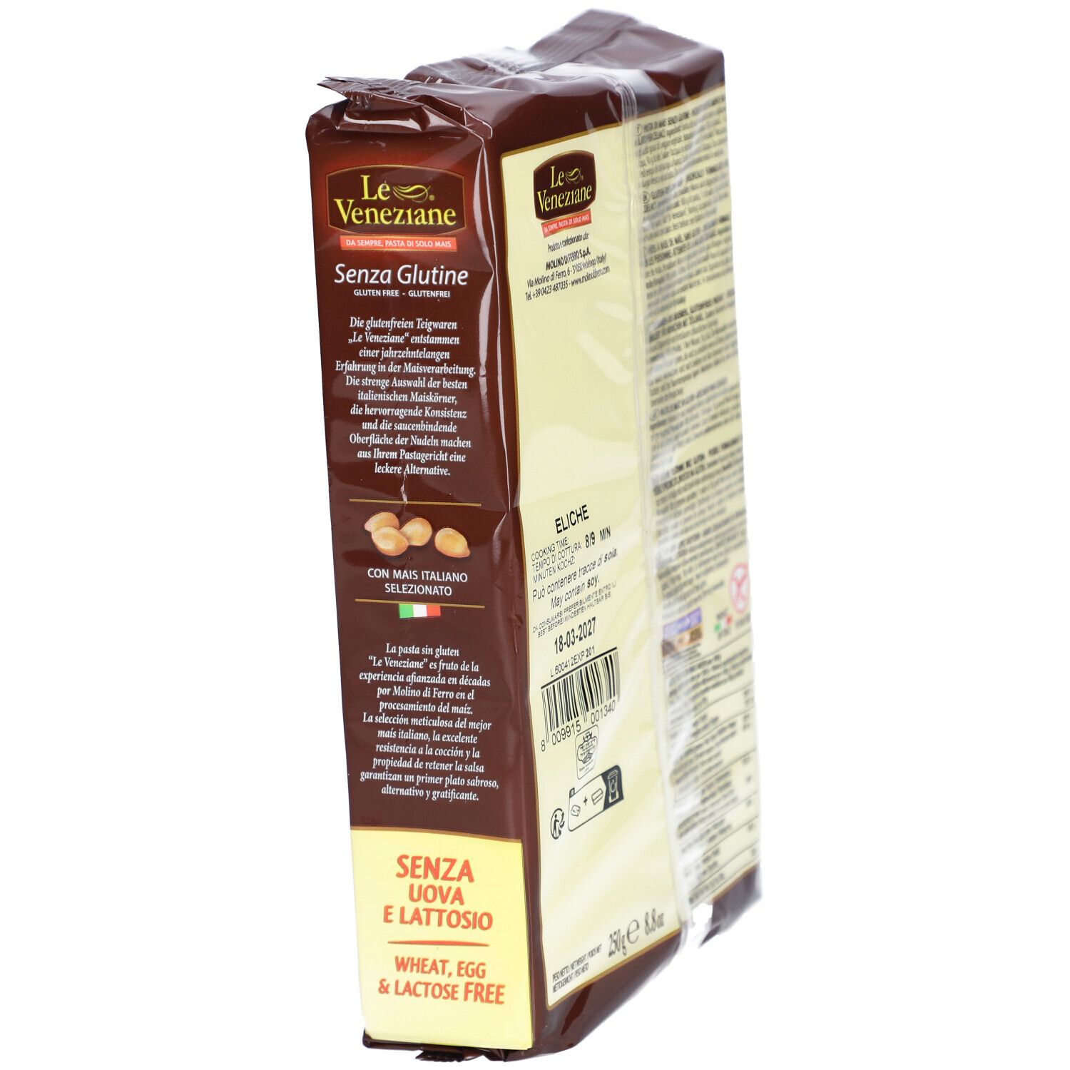 Verpackung glutenfreier Nudeln. Marke: Le Veneziane. Aufdruck: Ohne Gluten, ohne Ei, ohne Laktose. Maiskolben-Abbildung.