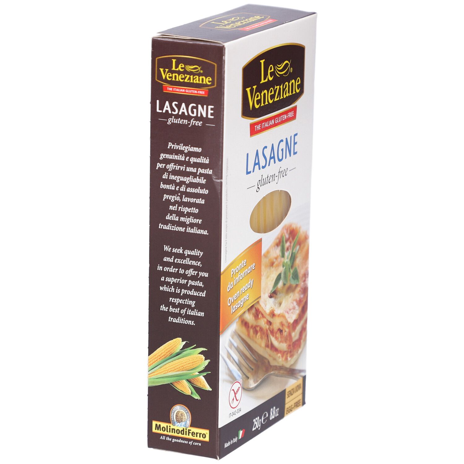 Verpackung von Le Veneziane Lasagne glutenfrei. Zeigt Lasagne-Gericht und Produktinformationen. Glutenfrei, ohne Ei. Mais.