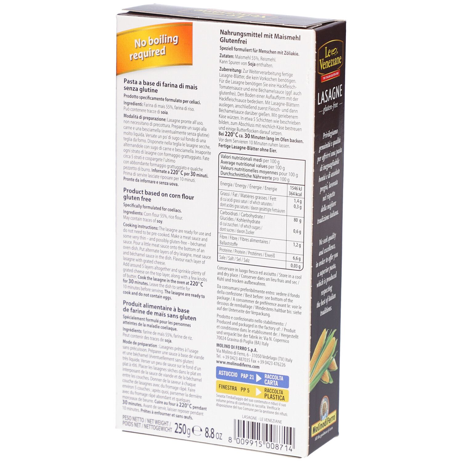 Rückseite der Verpackung von Le Veneziane Lasagne glutenfrei. Enthält Nährwertangaben und Zubereitungshinweise. 250g, glutenfrei.