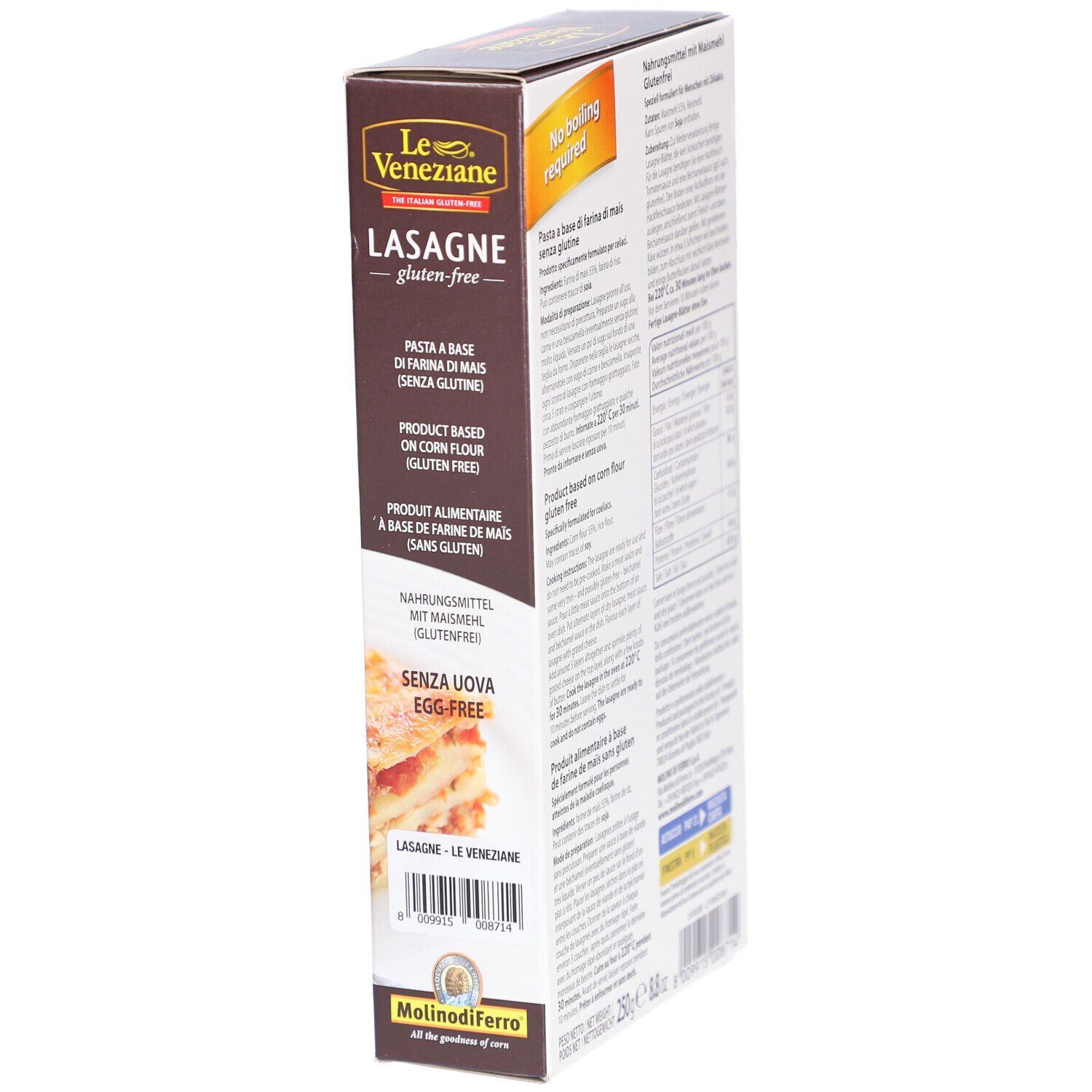 Verpackung von Le Veneziane Lasagne glutenfrei. Zeigt Produktinformationen und Zubereitungshinweise. Glutenfrei, ohne Ei. Mais.