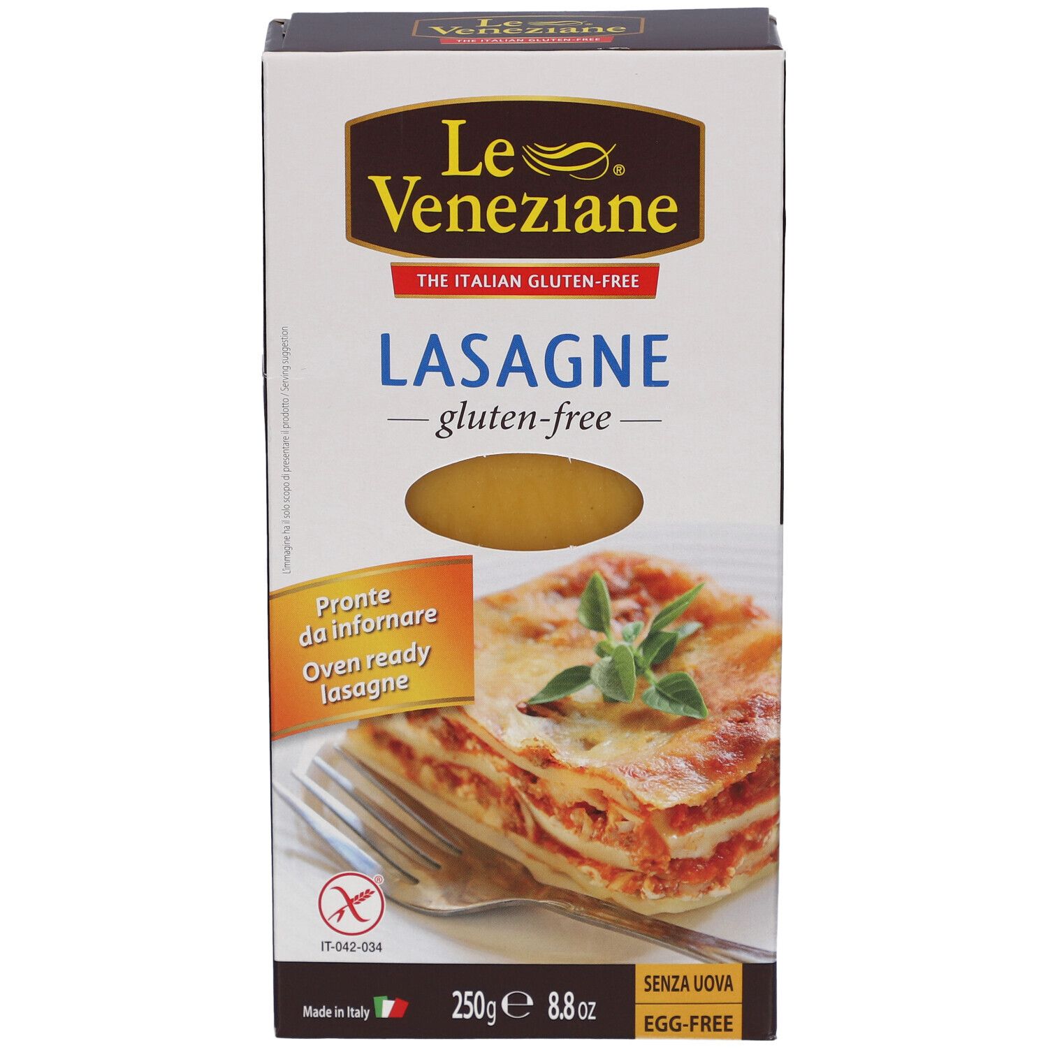 Verpackung von Le Veneziane Lasagne glutenfrei. Zeigt Lasagne-Gericht und Produktinformationen. 250g, glutenfrei, ohne Ei.