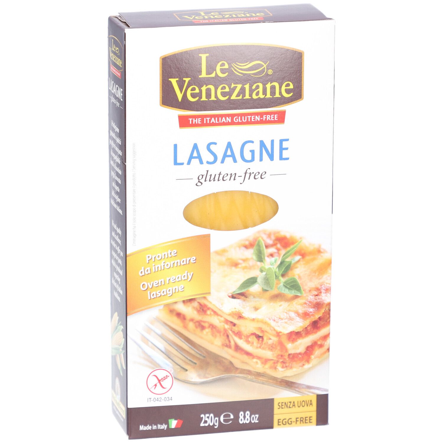 Verpackung von Le Veneziane Lasagne glutenfrei. Zeigt Lasagne-Gericht und Produktinformationen. 250g, glutenfrei, ohne Ei.