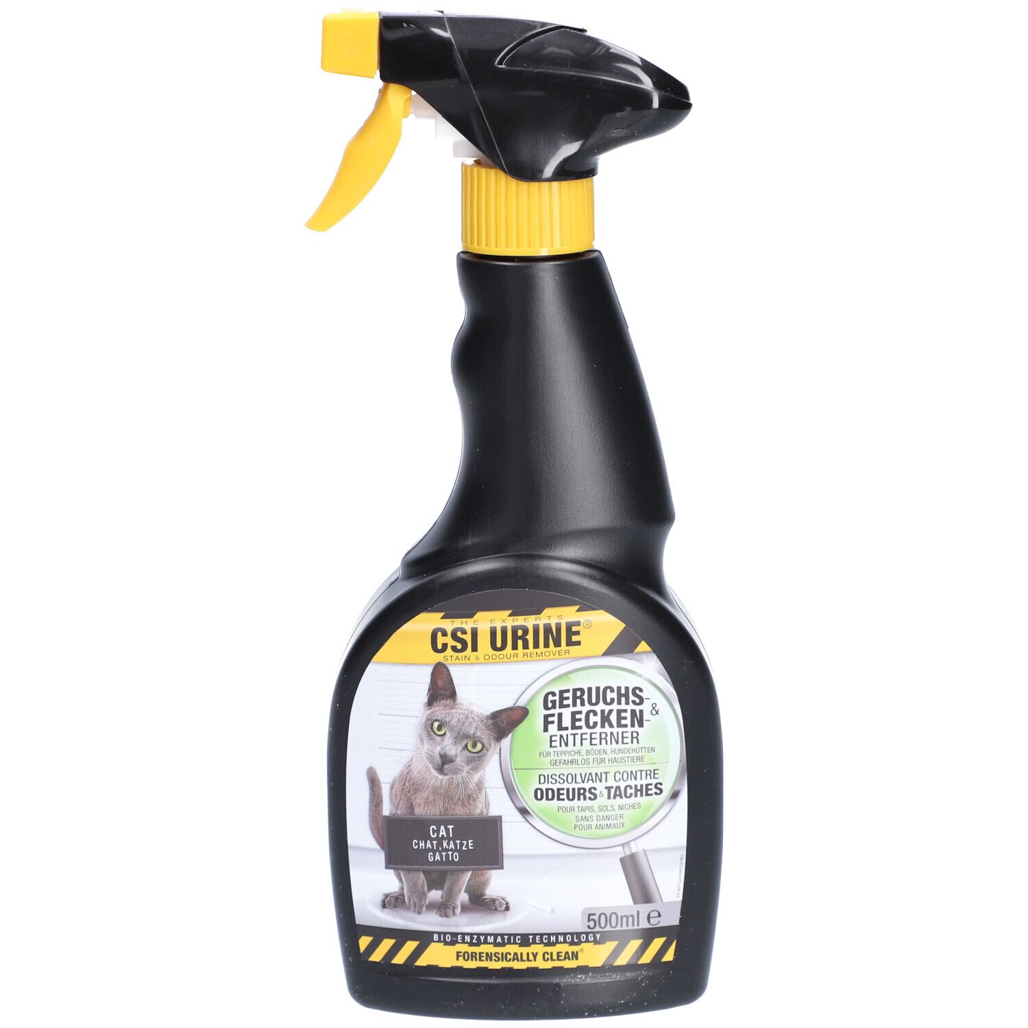 Flacon pulvérisateur noir avec tête jaune. Inscription CSI URINE, chat, éliminateur d'odeurs et de taches. 500ml.