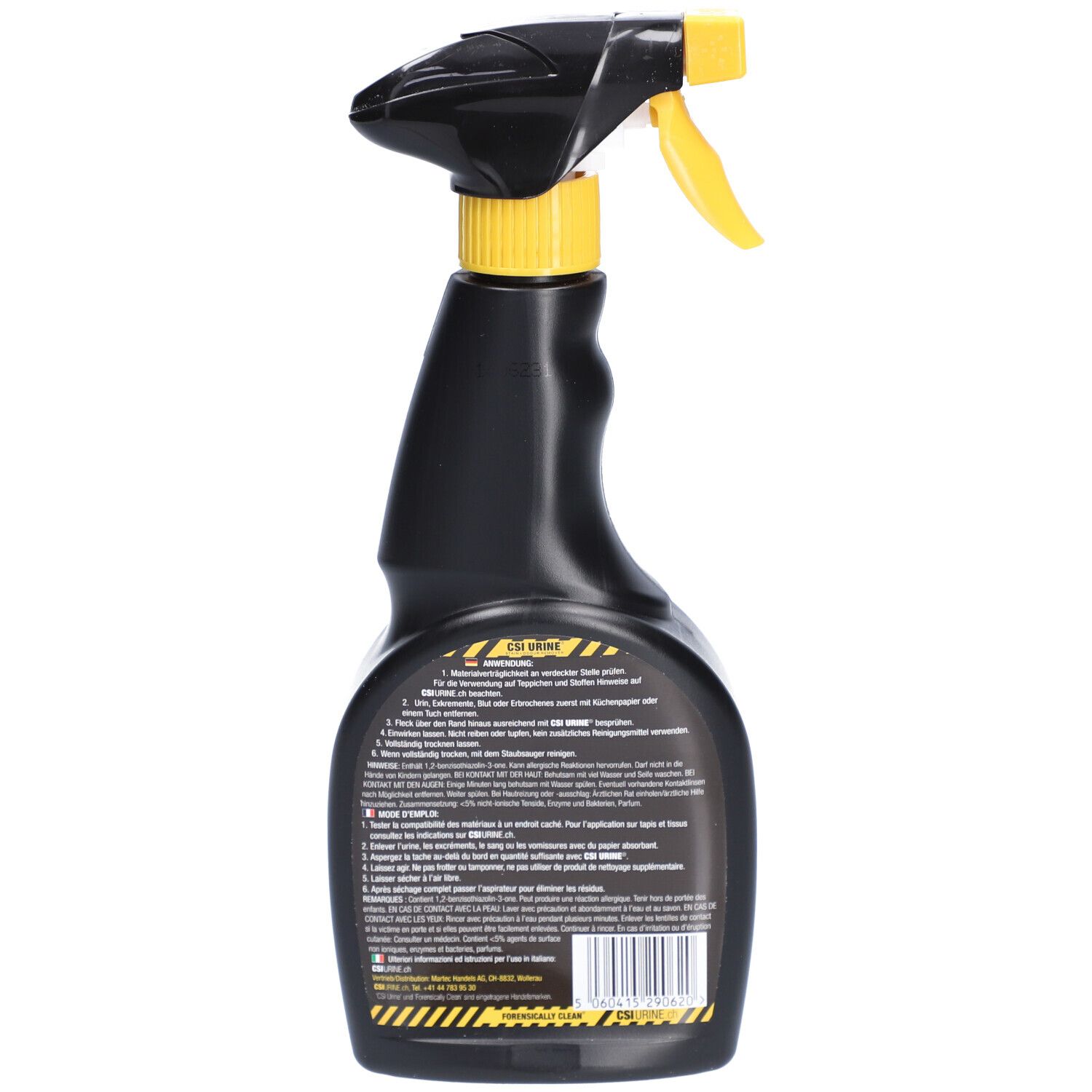 Dos d'un flacon pulvérisateur noir avec tête jaune. Informations textuelles sur le produit sur l'étiquette.