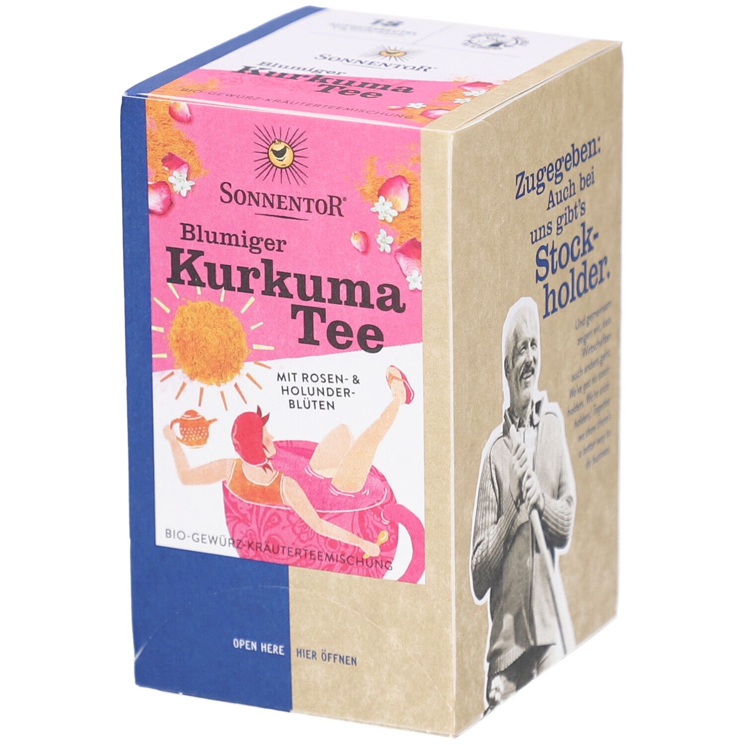 Karton Sonnentor Blumiger Kurkuma Tee, rosa-gelbes Design, Frau in Tasse. Aufschrift: Bio-Gewürz-Kräutermischung.