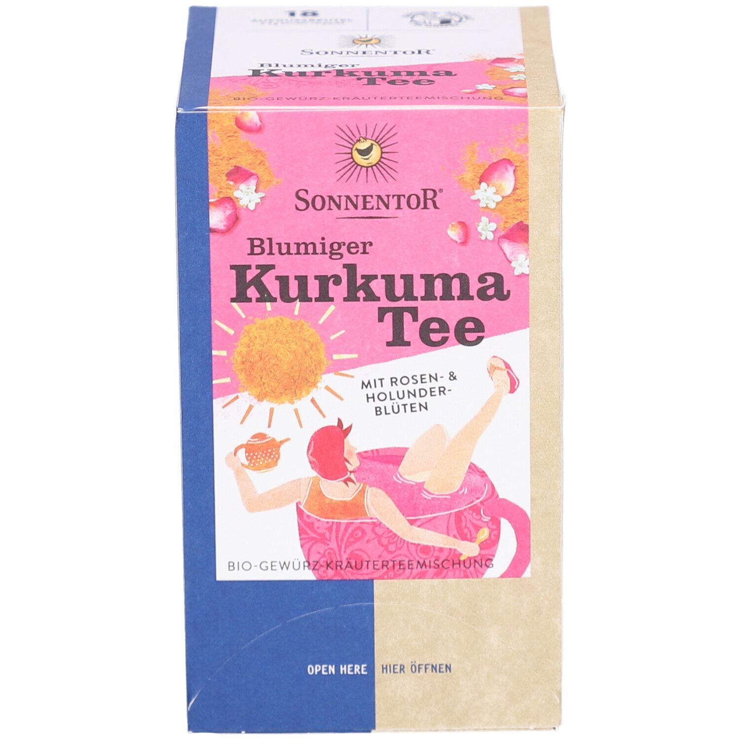 Karton Sonnentor Blumiger Kurkuma Tee, rosa-gelbes Design, Frau in Tasse. Aufschrift: Bio-Gewürz-Kräutermischung.