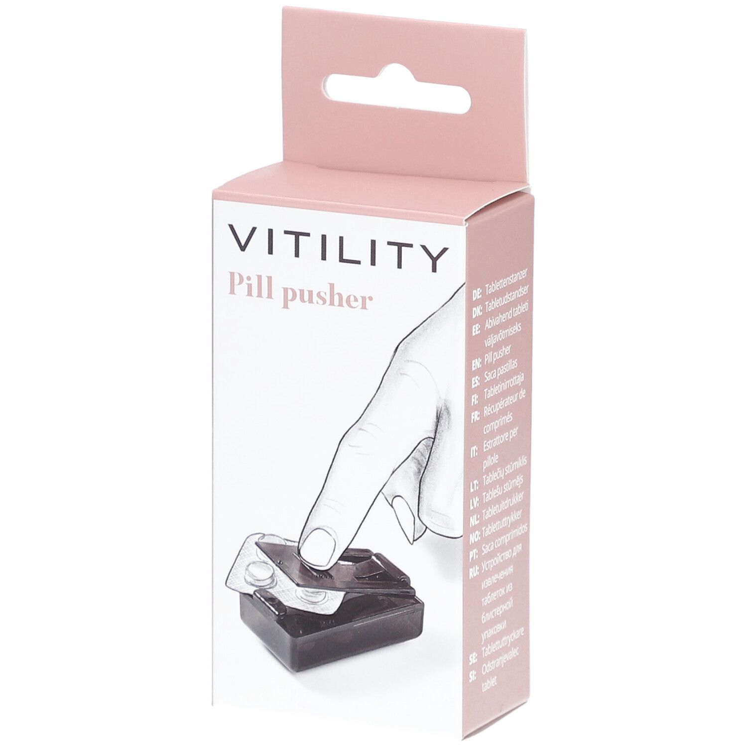 Verpackung mit VITILITY Pillen-Entferner. Illustration einer Hand, die eine Tablette aus der Blisterpackung drückt.