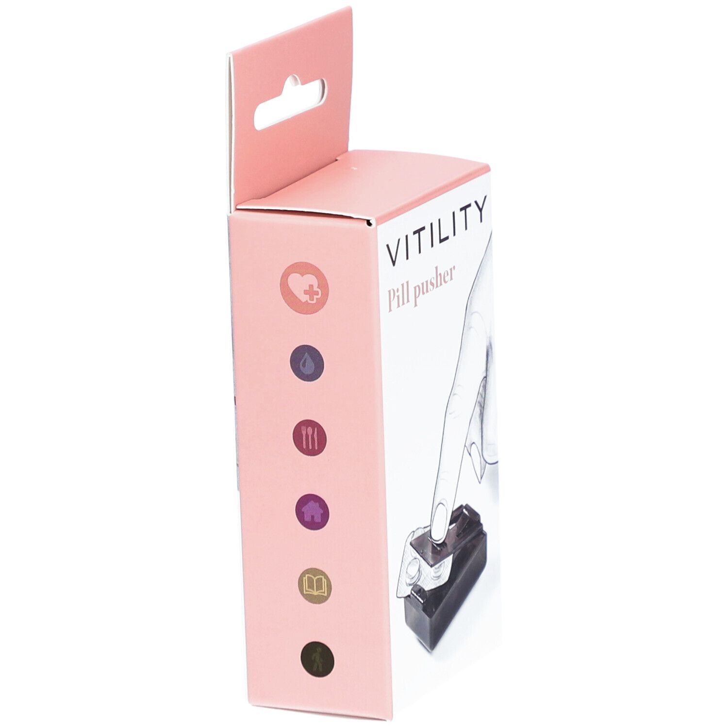 Seitenansicht der VITILITY Pillen-Entferner-Verpackung. Rosa Box mit Logos und Icons. Produktname und Illustration.