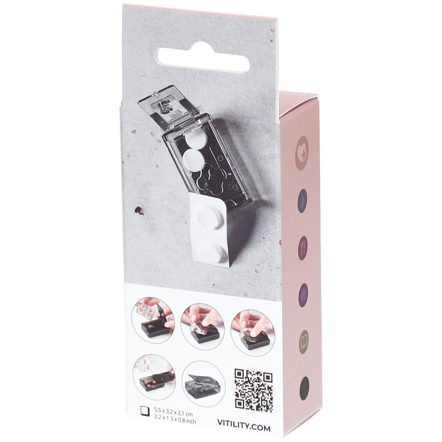VITILITY Pillen-Entferner-Verpackung. Produkt und Anwendung in Illustrationen. Abmessungen: 5,5x3,2x2,1cm.