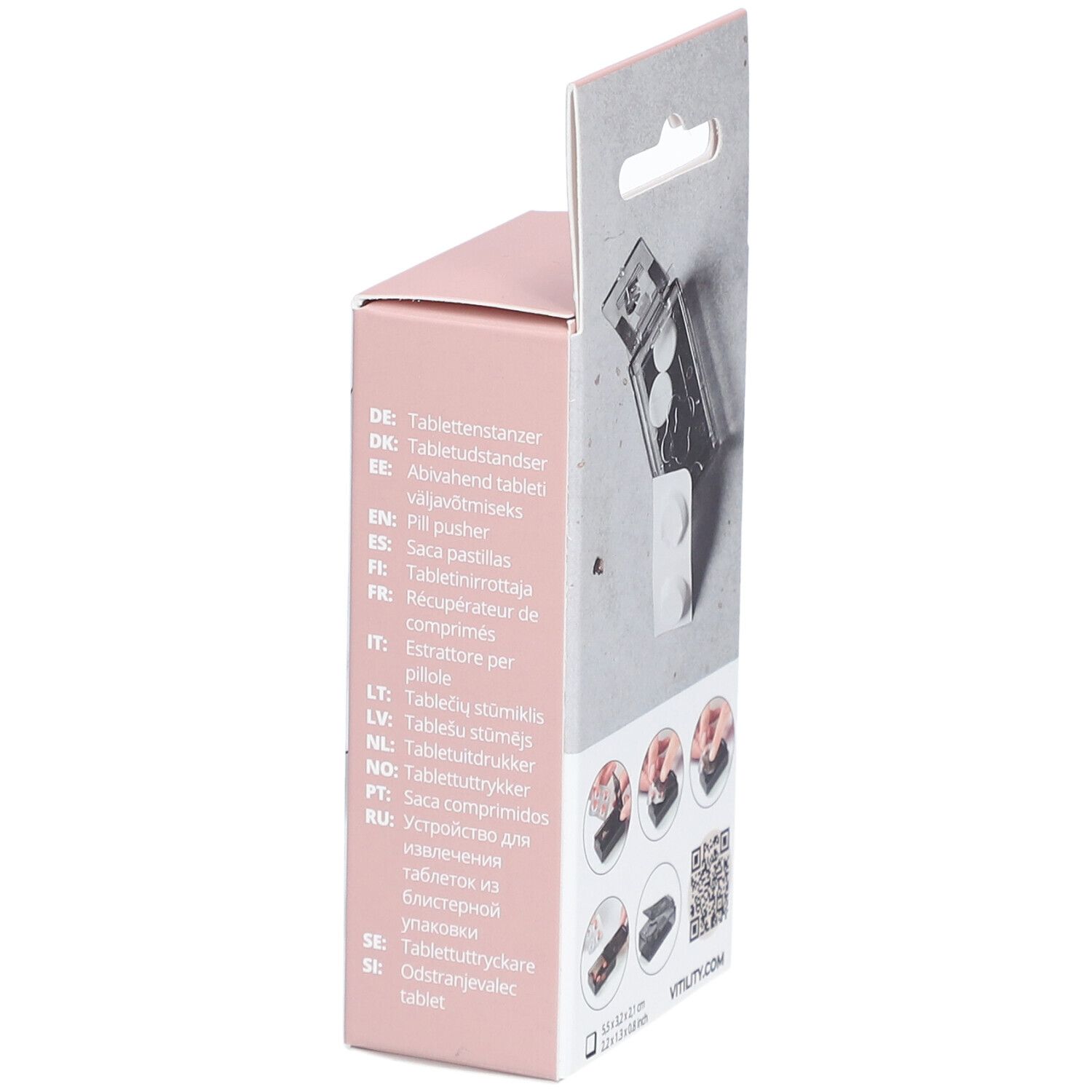 Seitenansicht der VITILITY Pillen-Entferner-Verpackung. Mehrsprachige Produktbezeichnungen und Anwendungsbeispiele.