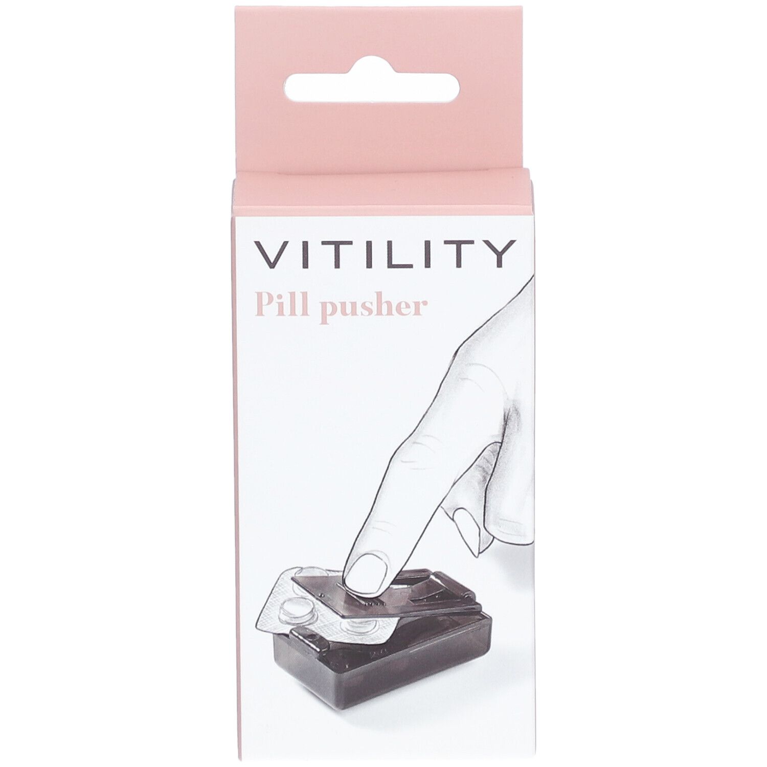 VITILITY Pillen-Entferner-Verpackung. Illustration einer Hand, die eine Tablette aus der Blisterpackung drückt.