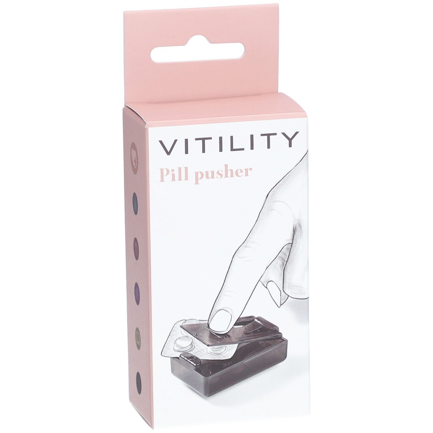 VITILITY Pillen-Entferner-Verpackung. Illustration einer Hand, die eine Tablette aus der Blisterpackung drückt.